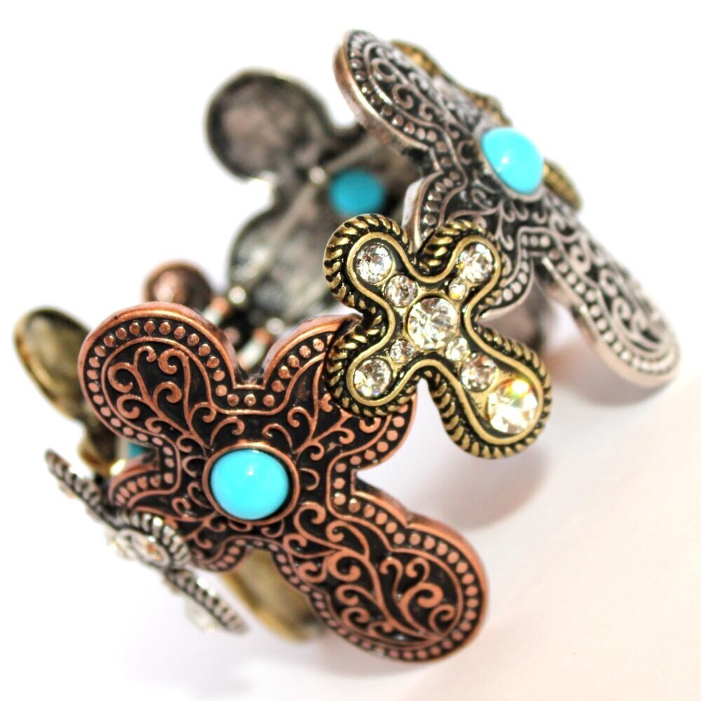 Rustic Multiple Cross Tritone Crystal Turquoise Chunky Wide Stretch Bracelet